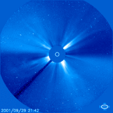 A coronal mass ejection in time-lapse imagery obtained with the LASCO instrument. The Sun (center) is obscured by the coronagraph's mask.