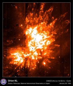 This is an enlarged image of the region around the Kleinman-Low nebula in the Orion cloud located 1500 light years away. This image is taken in light at 2.12 micron at the Subaru telescope, which is emitted by warm molecular hydrogen gas with an absolute temperature of 2000 K.