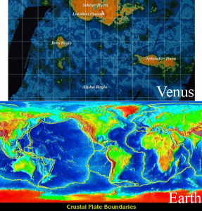 Comparison of Venus' and Earth's topography. For Venus, orange represents the topographic highs, blue the lows. For the Earth, red represents the highs and blue the lows.