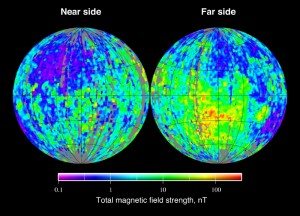 Total magnetic field strength at the surface of the Moon as derived from the Lunar Prospector electron reflectometer experiment. From http://en.wikipedia.org/wiki/File:Moon_ER_magnetic_field.jpg.