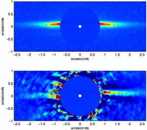 Model (top) and observed (bottom) infrared images of the debris disk around HD 15115. From Rodigas+ (2012).