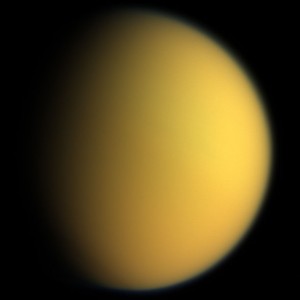 This natural color composite was taken during the Cassini spacecraft's April 16, 2005, flyby of Titan. From http://en.wikipedia.org/wiki/Titan_%28moon%29.