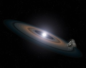 This illustration is an artist's impression of the thin, rocky debris disc  discovered around the two Hyades white dwarfs. Rocky asteroids are  thought to have been perturbed by planets within the system and diverted  inwards towards the star, where they broke up, circled into a debris  ring, and were then dragged onto the star itself. From http://en.wikipedia.org/wiki/File:Artist%E2%80%99s_impression_of_debris_around_a_white_dwarf_star.jpg.