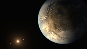 Artist’s conception of a habitable exoplanet in orbit around its red dwarf star. Credit: NASA Ames/SETI Institute/JPL-Caltech. From http://themeridianijournal.com/2014/04/big-discovery-first-earth-sized-exoplanet-habitable-zone-another-star/#more-5509.