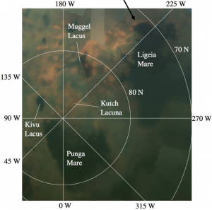 A false-color, infrared map of Titan’s north pole. The black arrow points to an evaporite deposit along the shore of Ligeia Mare.