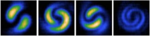 The density of Bose-Einstein condensates, exhibiting interference of their quantum mechanical wave functions. From https://sites.google.com/site/bigelowcatgroup/bec.