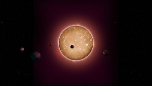 The tightly packed system, named Kepler-444, is home to five small planets in very compact orbits. The planets were detected from the dimming that occurs when they transit the disc of their parent star, as shown in this artist's conception. From http://www.nasa.gov/ames/kepler/astronomers-discover-ancient-system-with-five-small-planets/.