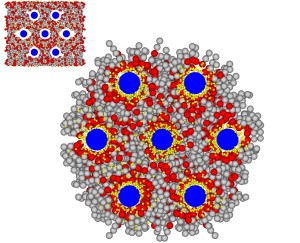 A computer model of an hexagonal lipid-DNA complex. From https://www.equipes.lps.u-psud.fr/TRESSET/research5.html.