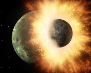 Artist's depiction of a collision between two planetary bodies. From https://en.wikipedia.org/wiki/Giant_impact_hypothesis.